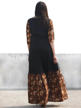 Black Rust Red White Hand Block Printed Cotton & Rayon Long Dress With Tassels - D181F1112