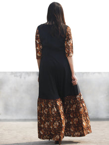 Black Rust Red White Hand Block Printed Cotton & Rayon Long Dress With Tassels - D181F1112