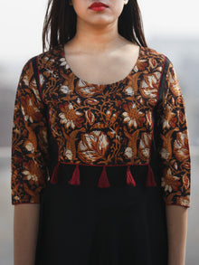 Black Rust Red White Hand Block Printed Cotton & Rayon Long Dress With Tassels - D181F1112