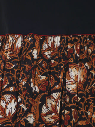 Black Rust Red White Hand Block Printed Cotton & Rayon Long Dress With Tassels - D181F1112