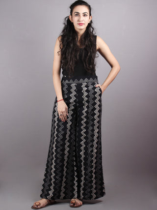 Black Zig Zag Hand Block Printed Elasticated Waist Pleated Cotton Palazzo - P1117078