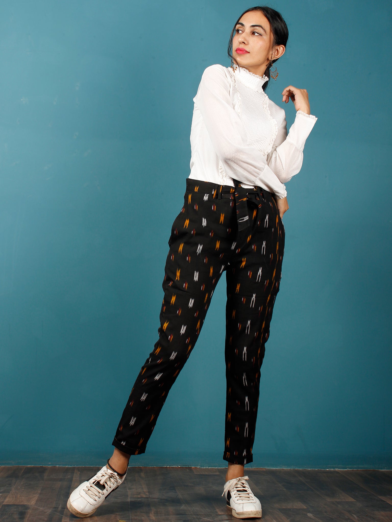 maroon cigarette pants Black Orange Maroon White Hand Woven Ikat Cigarette Pants With Belt- T –  InduBindu