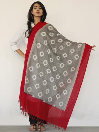 Red Grey Ikat Handwoven Pochampally Cotton Dupatta -  D04170144