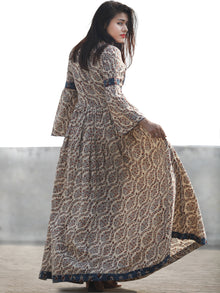Beige Indigo Maroon Hand Block Printed Long Gather Dress With Tassels - D182F1149