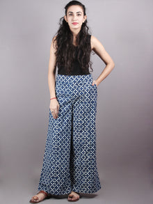 Indigo Hand Block Printed Elasticated Waist Pleated Cotton Palazzo - P1117049