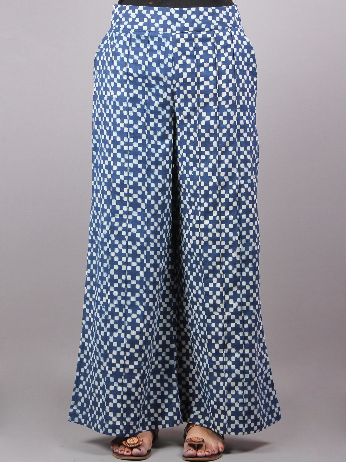 Indigo Hand Block Printed Elasticated Waist Pleated Cotton Palazzo - P1117049