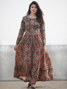 Red Black Beige Indigo Hand Block Printed Long Cotton Dress With Gathers - D183F1151