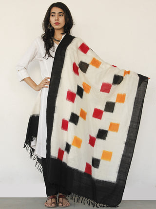 Ivory Black Red Ikat Handwoven Pochampally Cotton Dupatta -  D04170145