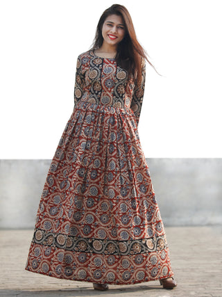Red Black Beige Indigo Hand Block Printed Long Cotton Dress With Gathers - D183F1151