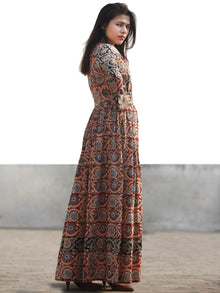 Red Black Beige Indigo Hand Block Printed Long Cotton Dress With Gathers - D183F1151