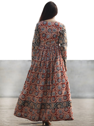 Red Black Beige Indigo Hand Block Printed Long Cotton Dress With Gathers - D183F1151