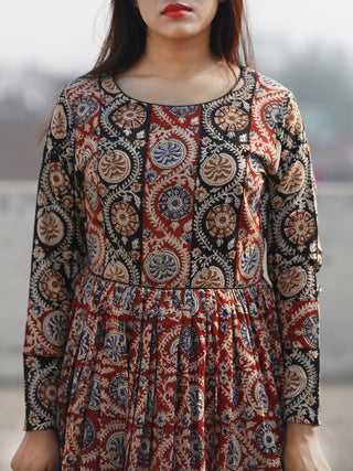 Red Black Beige Indigo Hand Block Printed Long Cotton Dress With Gathers - D183F1151