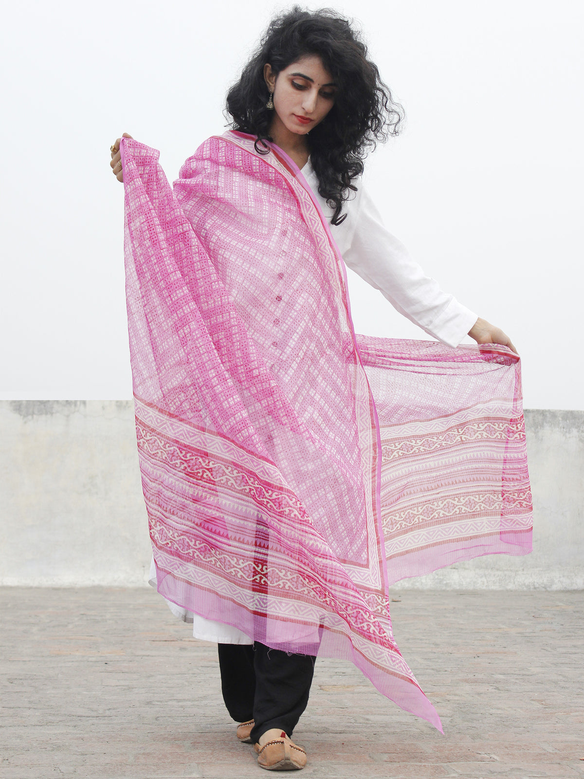 Pink Red Ivory Kota Doria Cotton Hand Block Printed Dupatta  - D04170208