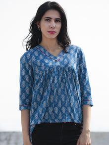 Blue Ivory Hand Block Printed Cotton Top With Gathers - T30F468