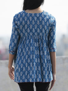 Blue Ivory Hand Block Printed Cotton Top With Gathers - T30F468