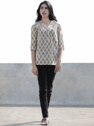 Ivory Red Grey Green Hand Block Printed Cotton Top - T31F546