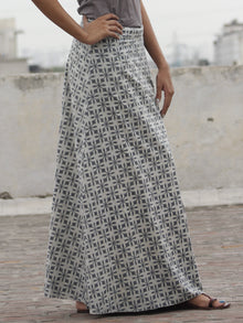 Hand Block Printed Wrap Around Skirt In Grey Ivory - S40F074