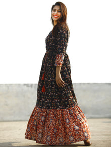Indigo Brown Red Hand Block Printed Long Cotton Tie Up Waist Dress -  D170F1139