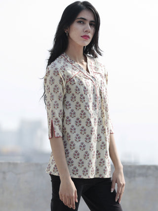 Ivory Red Grey Green Hand Block Printed Cotton Top - T31F546