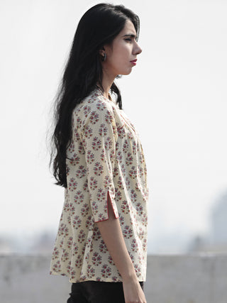 Ivory Red Grey Green Hand Block Printed Cotton Top - T31F546