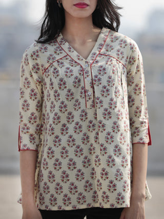 Ivory Red Grey Green Hand Block Printed Cotton Top - T31F546