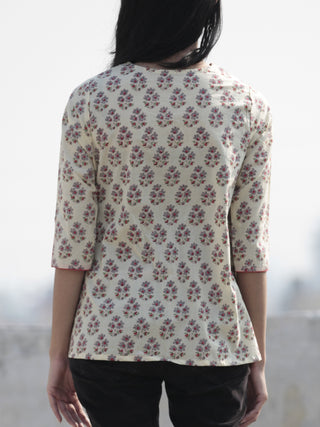 Ivory Red Grey Green Hand Block Printed Cotton Top - T31F546