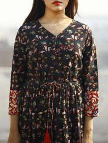 Indigo Brown Red Hand Block Printed Long Cotton Tie Up Waist Dress -  D170F1139