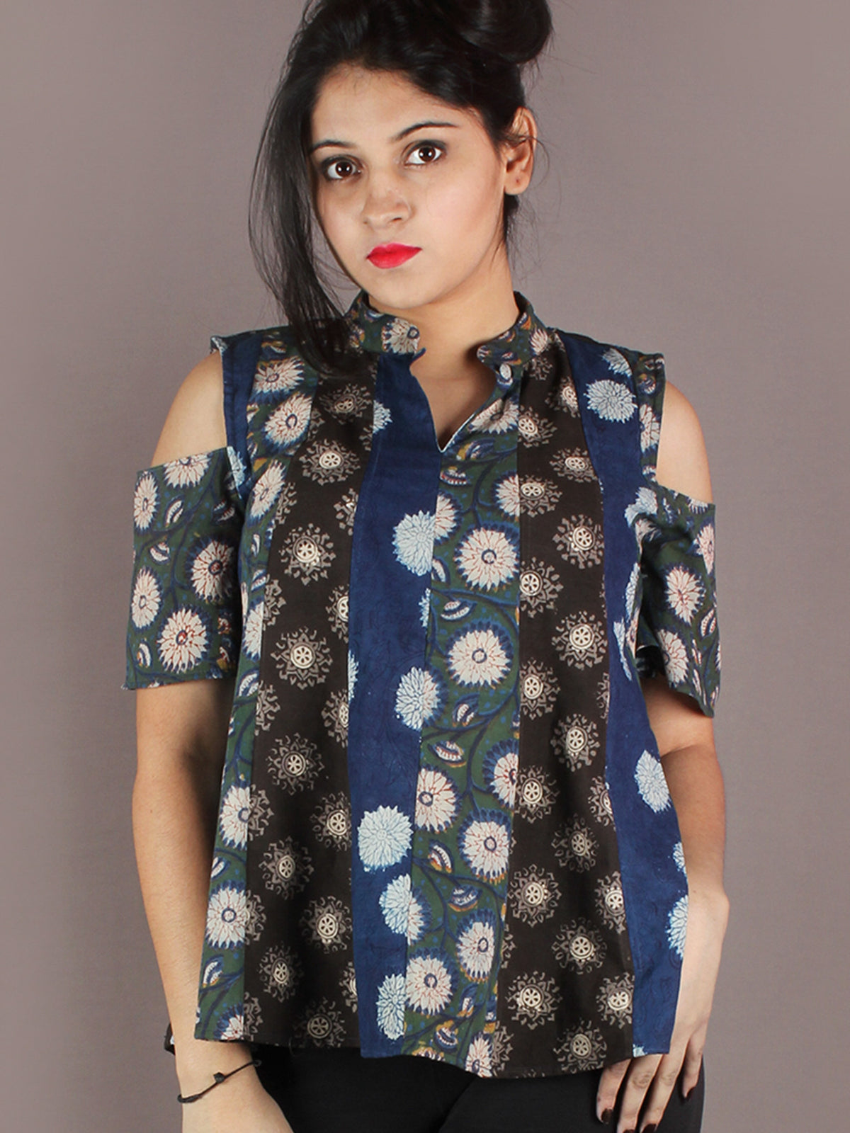 Multi Colour Hand Block Printed Cotton Top With Cold Shoulders - T11640018