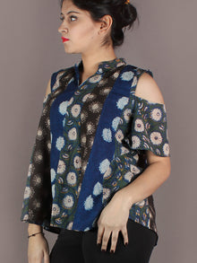 Multi Colour Hand Block Printed Cotton Top With Cold Shoulders - T11640018