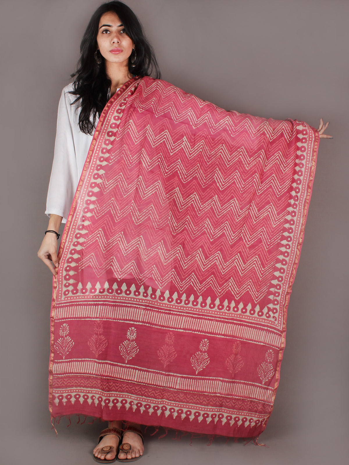 Deep Pink Ivory Chanderi Hand Block Printed Dupatta- D04170102