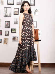 Black Indigo Brown Ivory Hand Block Printed Cotton Sleeveless Asymmetric Dress - D274F1392
