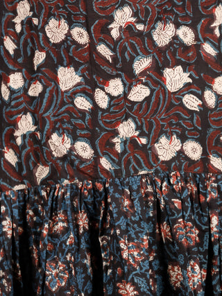 Black Indigo Brown Ivory Hand Block Printed Cotton Sleeveless Asymmetric Dress - D274F1392