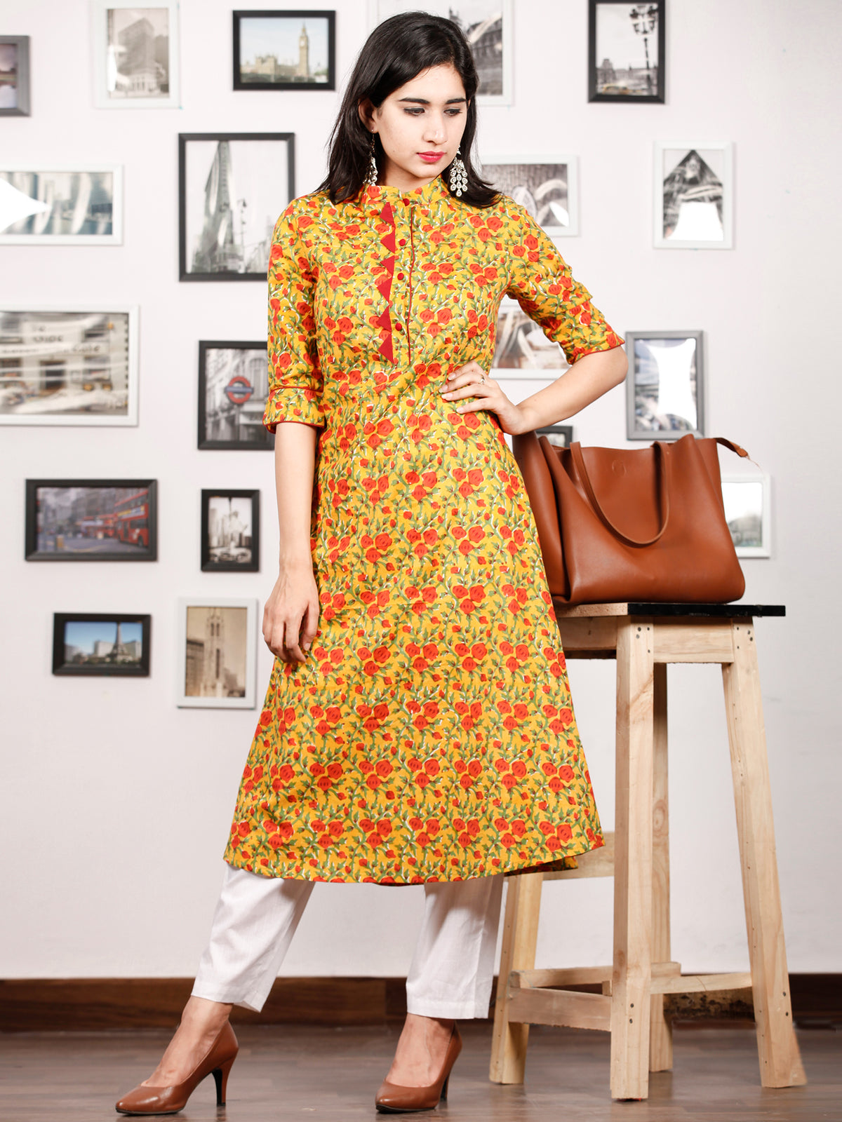 Mustard Yellow Rust Green Hand Block Printed Kurta - K82F1487
