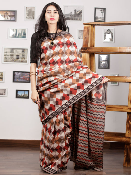 Beige Brown Red Black Hand Block Printed Cotton Mul Saree - S031703009