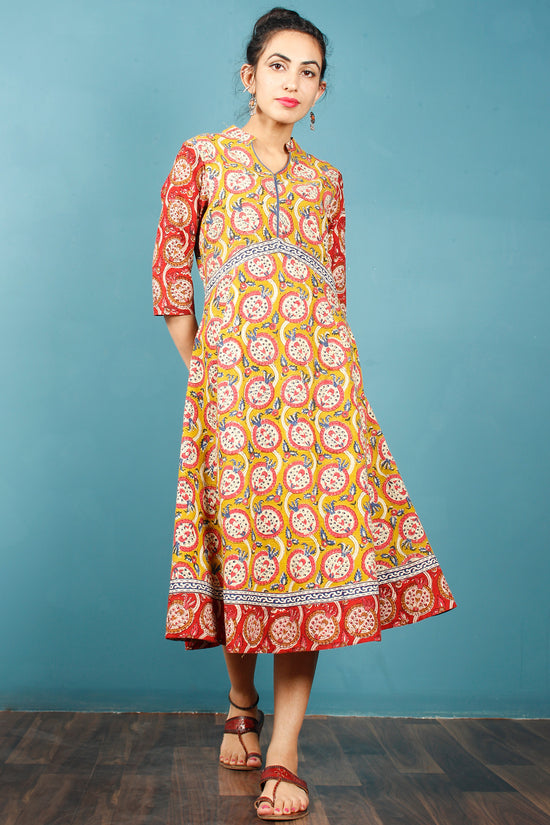 Mustard Block Printed Cotton Midi Yoke Dress