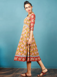 Mustard Coral Indigo Ivory Hand Block Printed Cotton Midi Dress - D243F1375