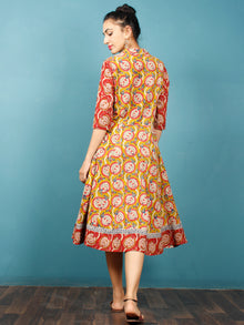 Mustard Coral Indigo Ivory Hand Block Printed Cotton Midi Dress - D243F1375