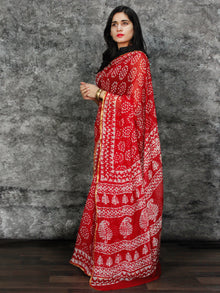 Red White Hand Block Printed Chiffon Saree with Zari Border - S031703123
