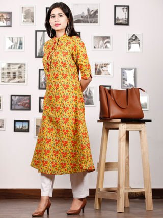 Mustard Yellow Rust Green Hand Block Printed Kurta - K82F1487
