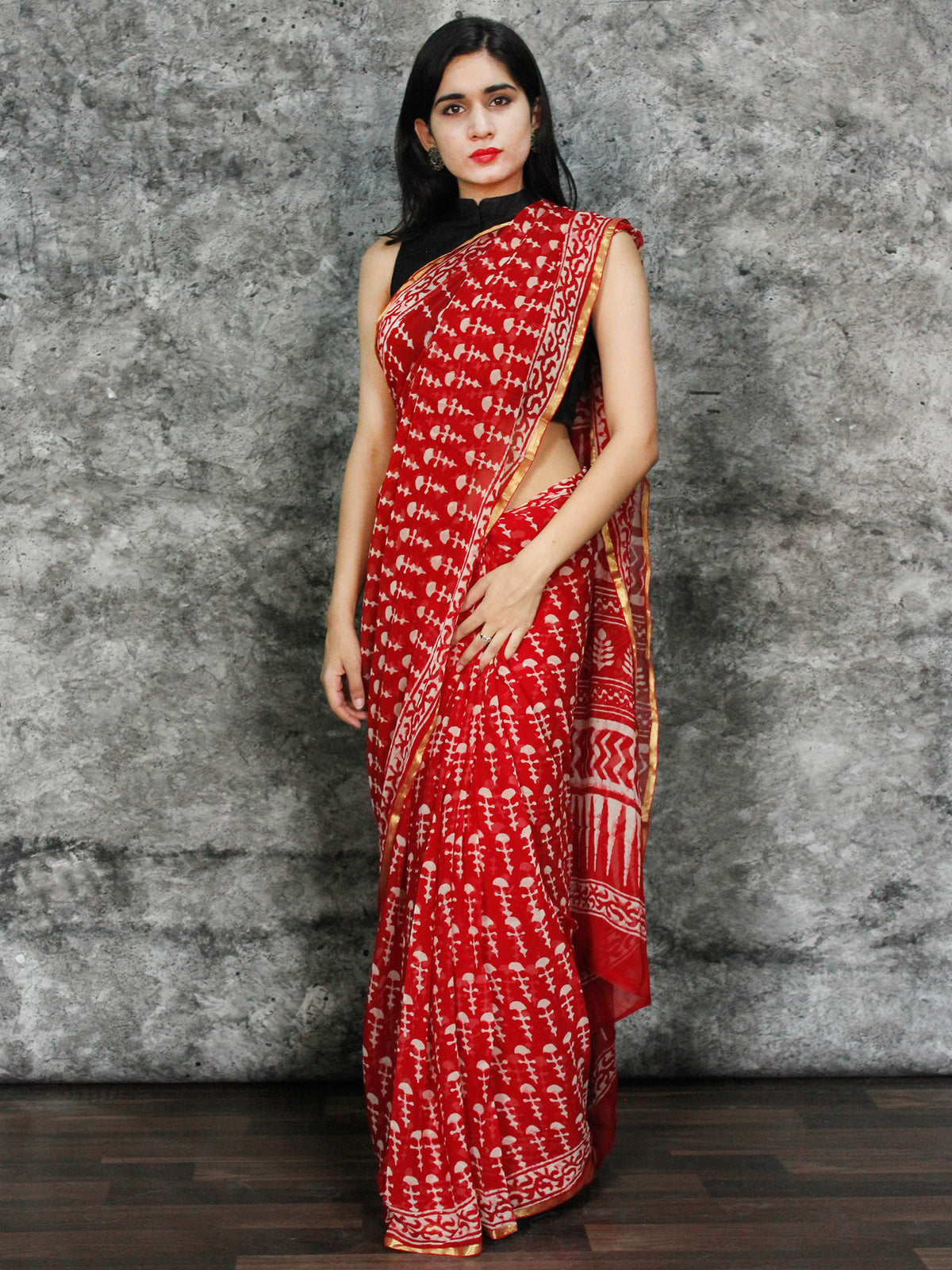 Red White Hand Block Printed Chiffon Saree with Zari Border - S031703124