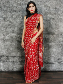 Red White Hand Block Printed Chiffon Saree with Zari Border - S031703124