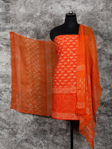 Orange Beige Hand Block Printed Cotton Suit-Salwar Fabric With Chiffon Dupatta (Set of 3) - SU01HB384