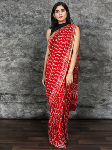 Red White Hand Block Printed Chiffon Saree with Zari Border - S031703124