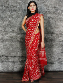 Red White Hand Block Printed Chiffon Saree with Zari Border - S031703124