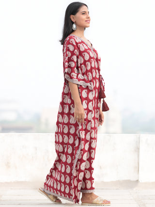 Red Beige Black Hand Block Printed Kaftan - K004F1716