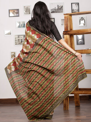 Olive Green Maroon Black Ivory Hand Block Printed Cotton Mul Saree - S031703010