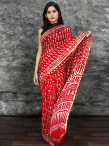 Red White Hand Block Printed Chiffon Saree with Zari Border - S031703124
