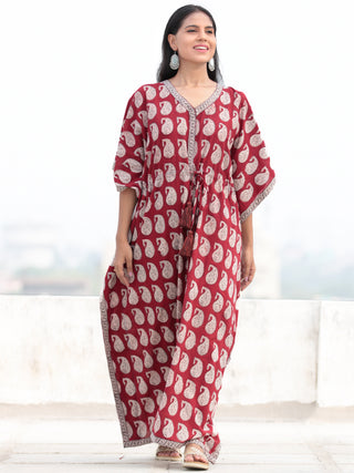 Red Beige Black Hand Block Printed Kaftan - K004F1716