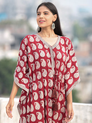 Red Beige Black Hand Block Printed Kaftan - K004F1716