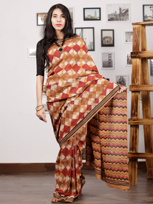 Brown Maroon Ivory Black Hand Block Printed Cotton Mul Saree - S031703011